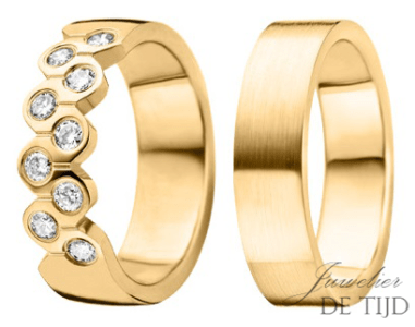 Geel gouden Trouwringen 6mm breed, met 9 briljant geslepen diamanten