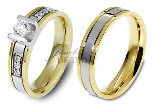 Bi-color geel/wit gouden ringen 5mm breed met briljanten