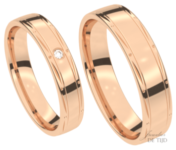 Rosé gouden trouwringen 4,0- en 5,0mm breed met 1 briljant geslepen diamant