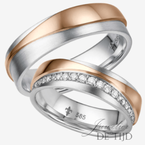 Bi-color wit/rosé gouden trouwringen met 48 briljant geslepen diamanten