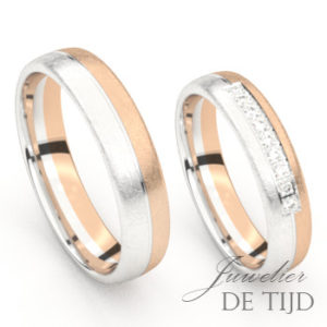 Bi-color rosé/wit gouden trouwringen met 9 briljant geslepen diamanten