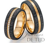 Abrikoos gouden met carbon Trouwringen en briljant geslepen diamanten 7mm breed