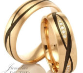 Rood of Abrikoos gouden met carbon Trouwringen en 5 briljant geslepen diamanten 6mm breed