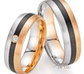 Wit &Abrikoos gouden met carbon Trouwringen en 1 briljant geslepen diamant
